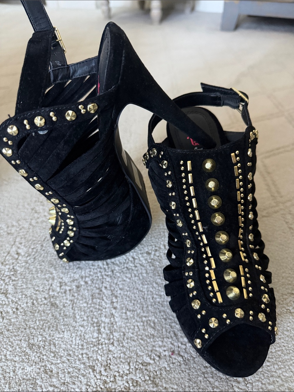 JustFab Black Suede Studded Cutout Peep-Toe Heels with Gold Accents